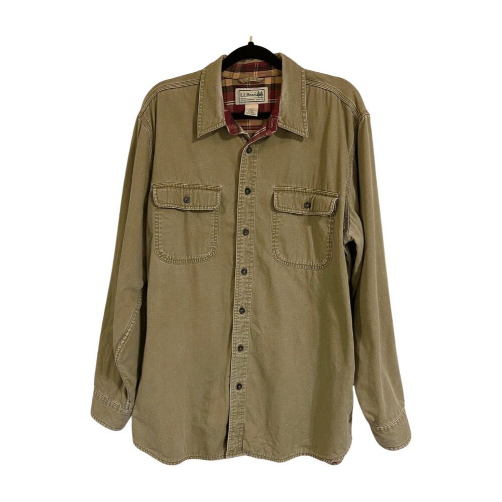 L.L. Bean Men's Large Flannel Lined Canvas Shirt Jacket Shacket Olive